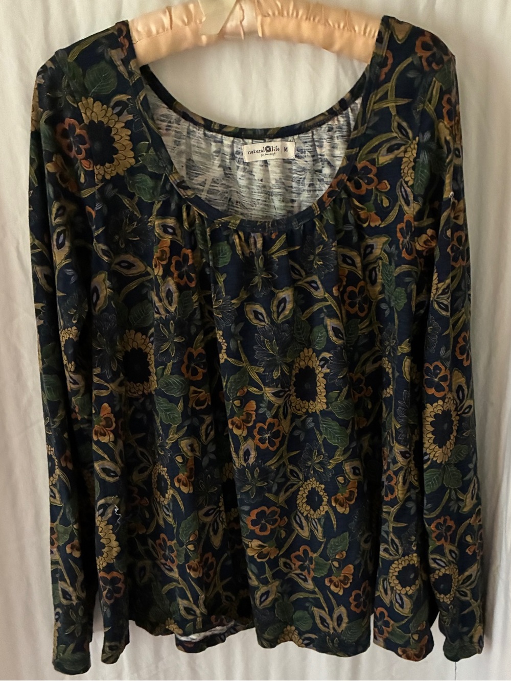 Natural life Floral Scoop Neck Long Sleeve Top - Navy/Green/Tan